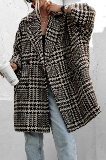 Houndstooth Collared Neck Long Sleeve Coat with Pockets-Angel Casuals