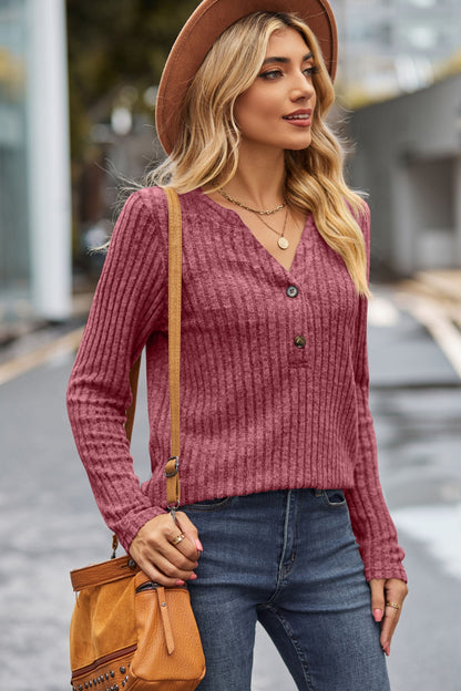 Lovelet Ribbed Half Button Long Sleeve Knit Top-Angel Casuals