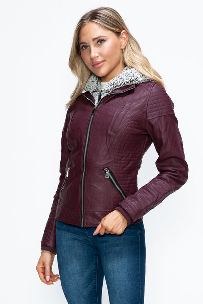 YMI Faux Layered Double-Zipper Jacket with Fuzzy Hood-Angel Casuals