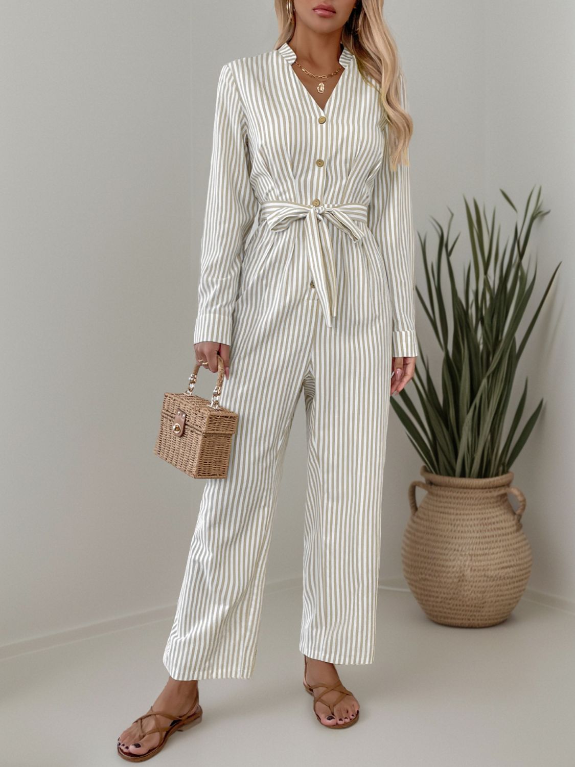 Striped Notched Long Sleeve Tie Waist Jumpsuit-Angel Casuals