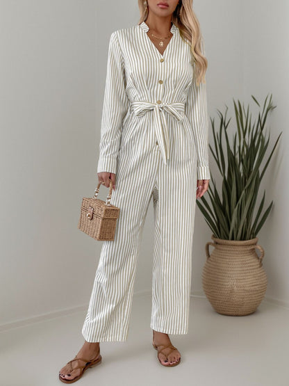 Striped Notched Long Sleeve Tie Waist Jumpsuit-Angel Casuals