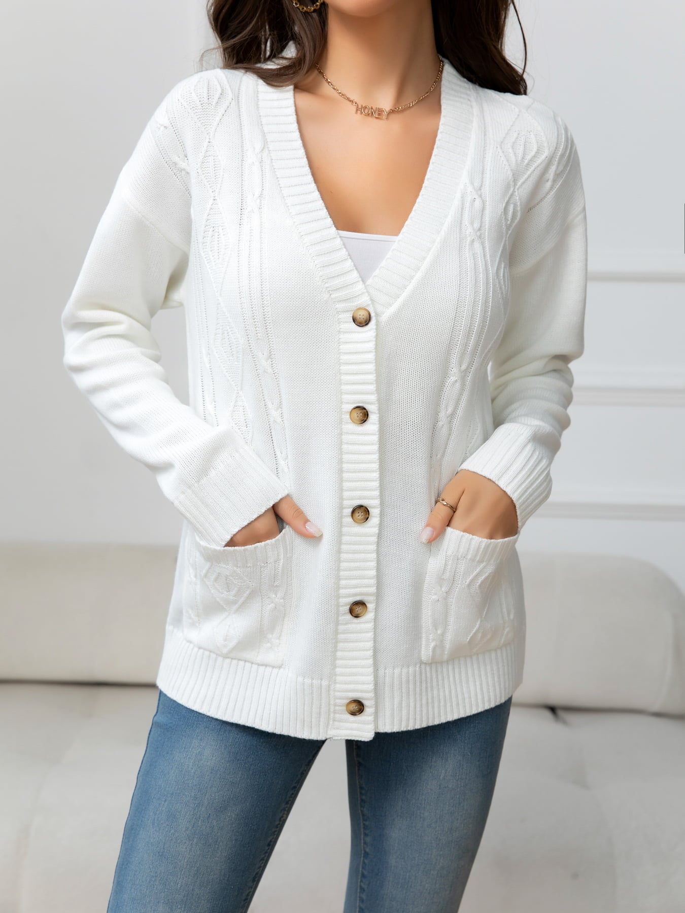 V-Neck Long Sleeve Buttoned Knit Top with Pocket-Angel Casuals