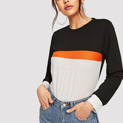 Color Block Round Neck Long Sleeve Tee-Angel Casuals