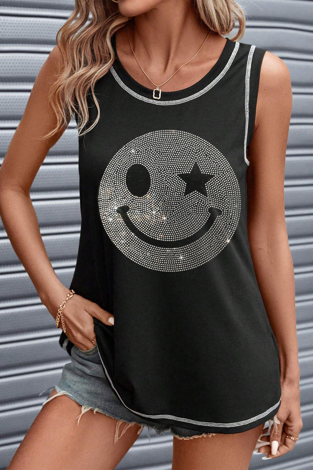 Rhinestone Smile Face Round Neck Tank-Angel Casuals