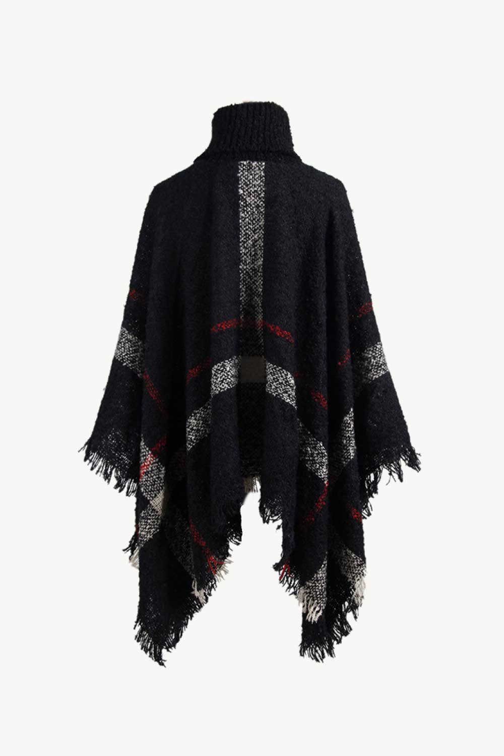 Plaid Turtleneck Raw Hem Poncho-Angel Casuals