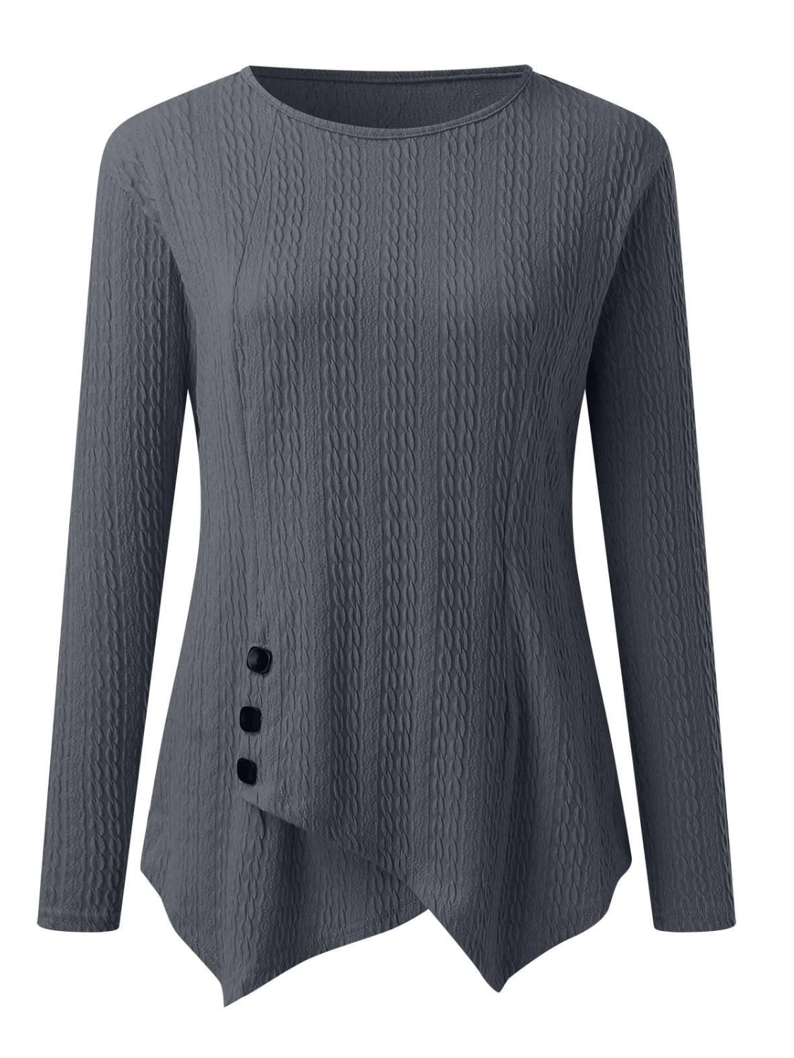 Decorative Button Round Neck Long Sleeve Top-Angel Casuals