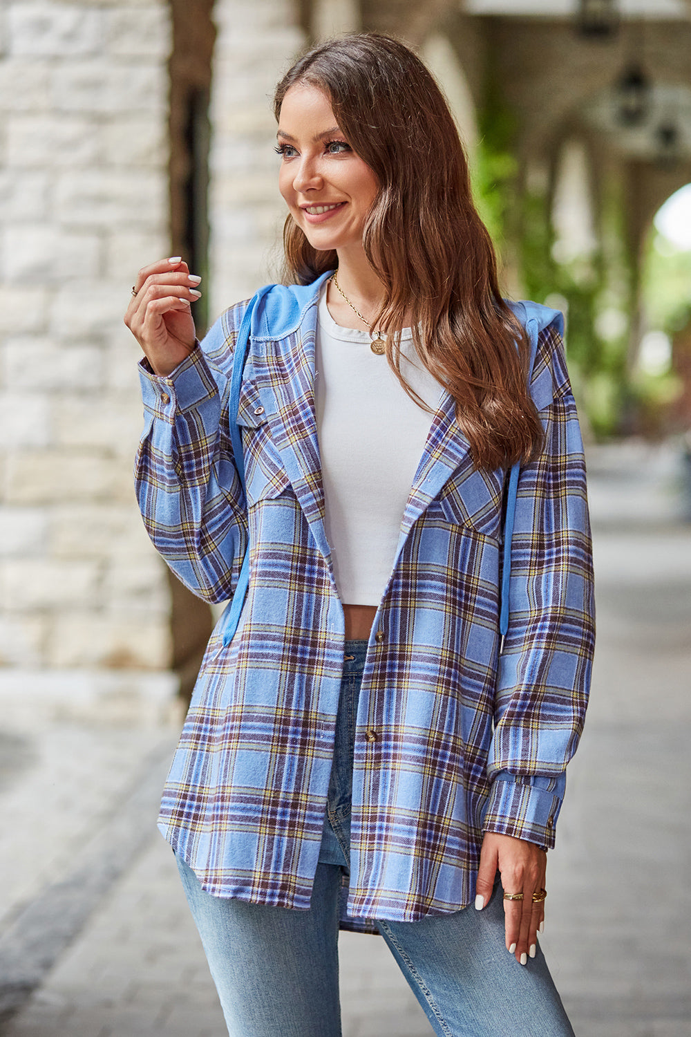 Mandy Plaid Long Sleeve Hooded Jacket-Angel Casuals