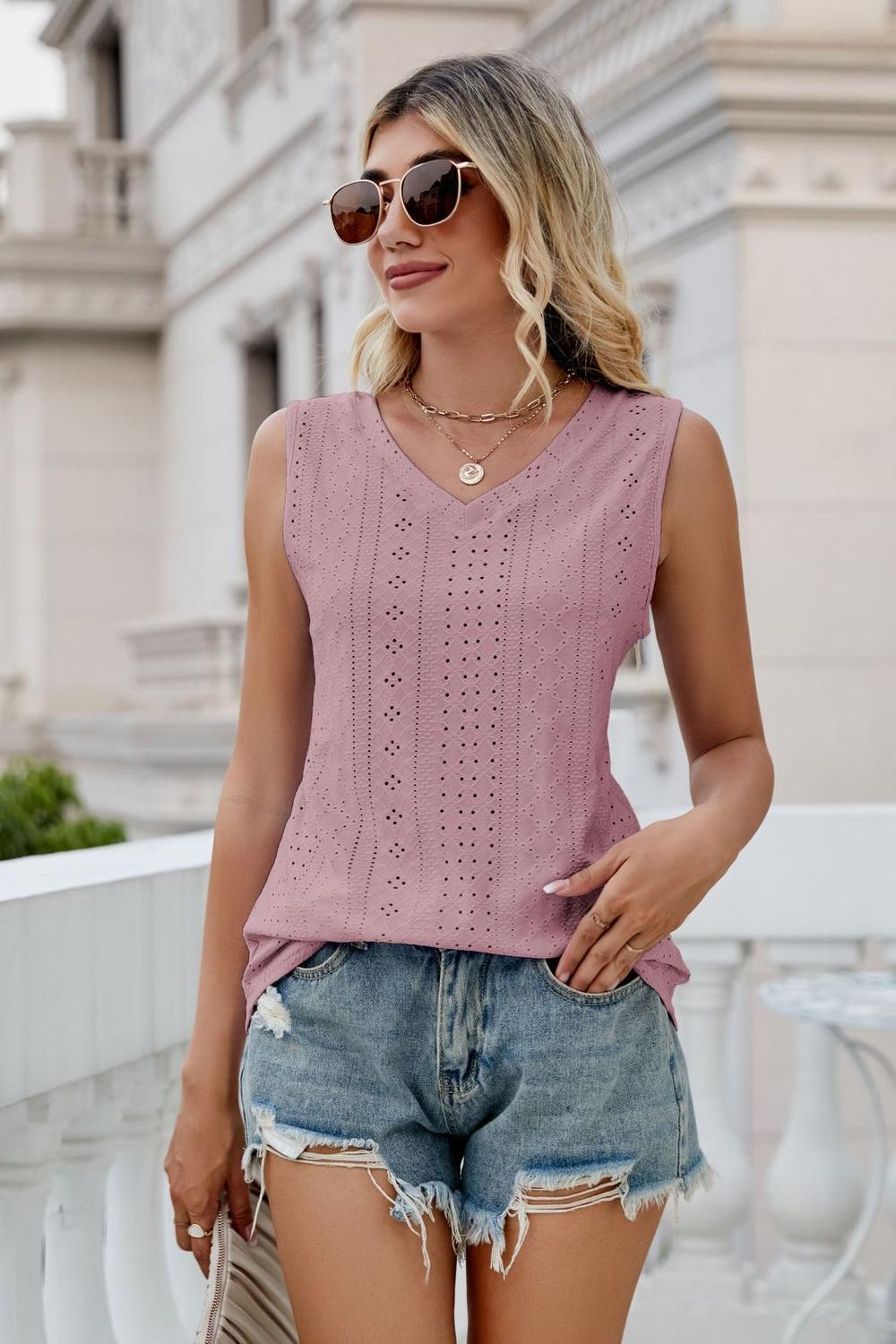 Eyelet V-Neck Tank-Angel Casuals