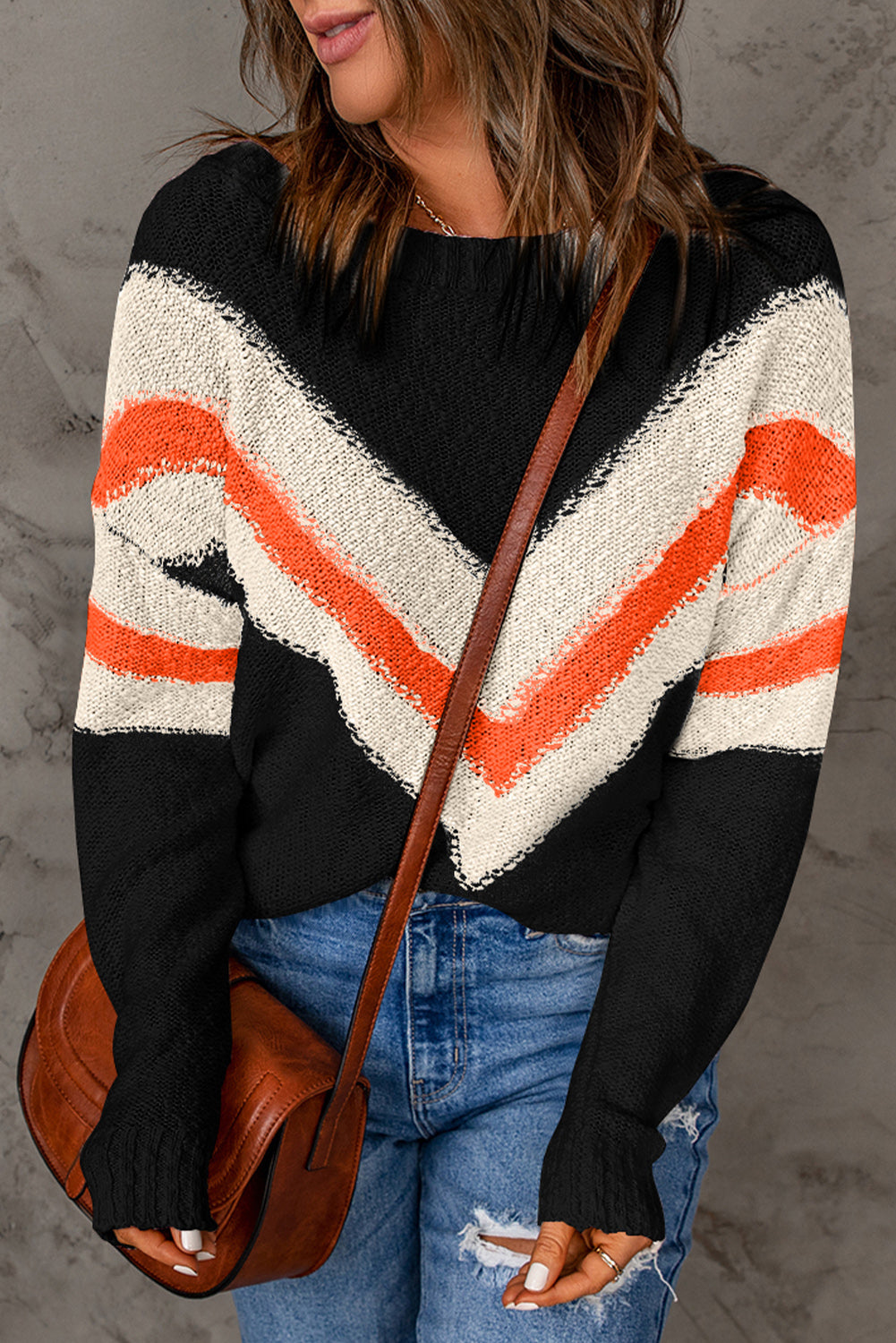 Contrast Round Neck Dropped Shoulder Sweater-Angel Casuals