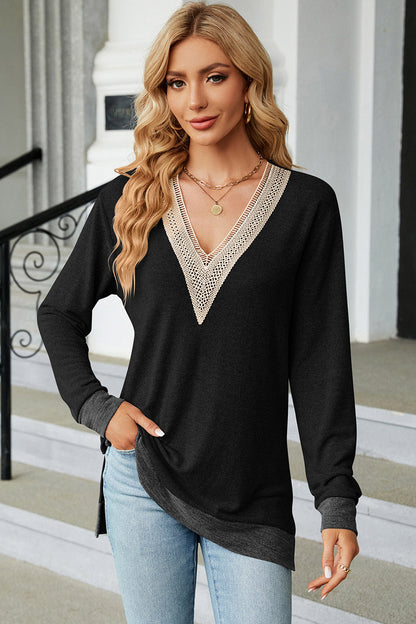 Slit V-Neck Long Sleeve T-Shirt-Angel Casuals