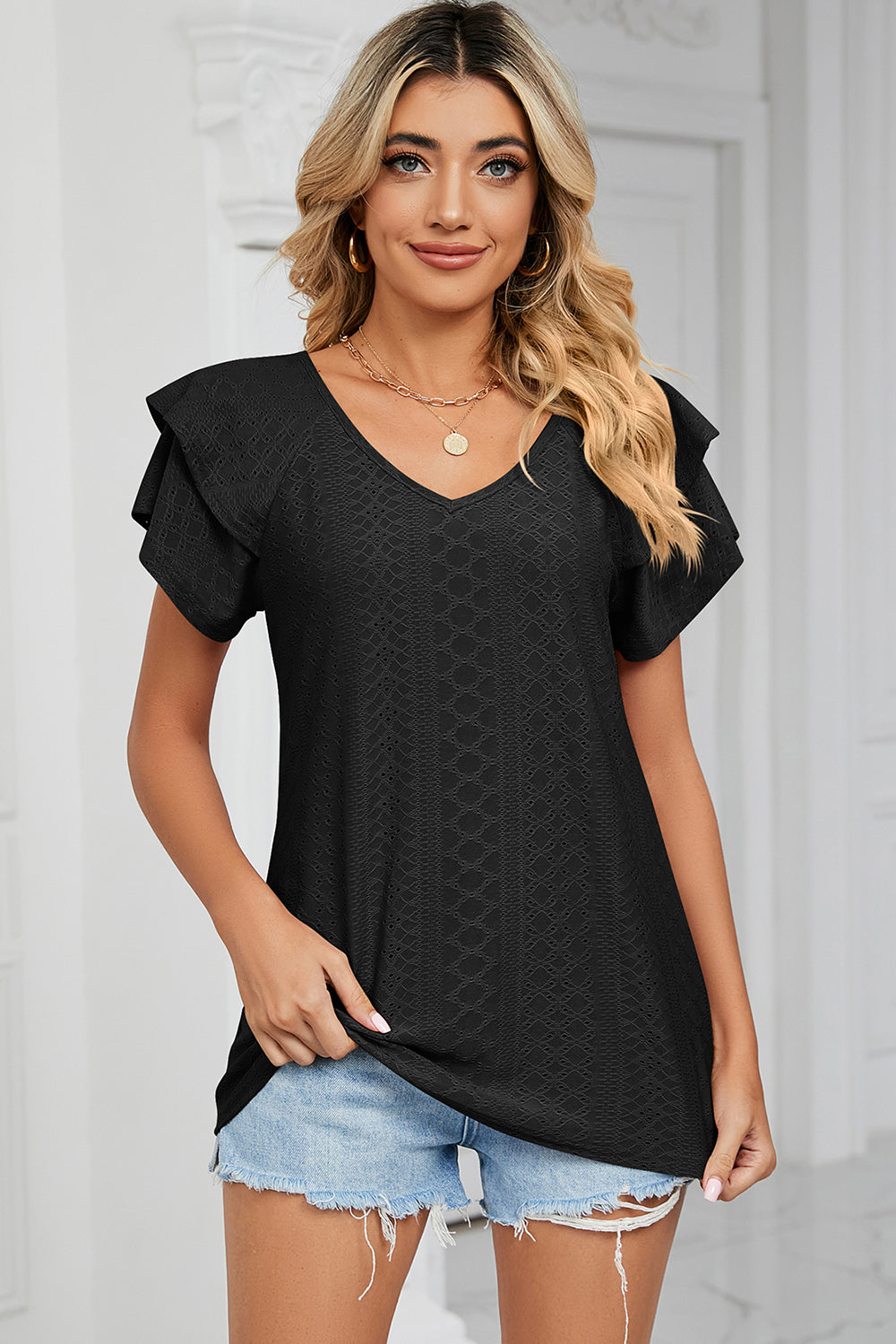 Eyelet V-Neck Short Sleeve T-Shirt-Angel Casuals