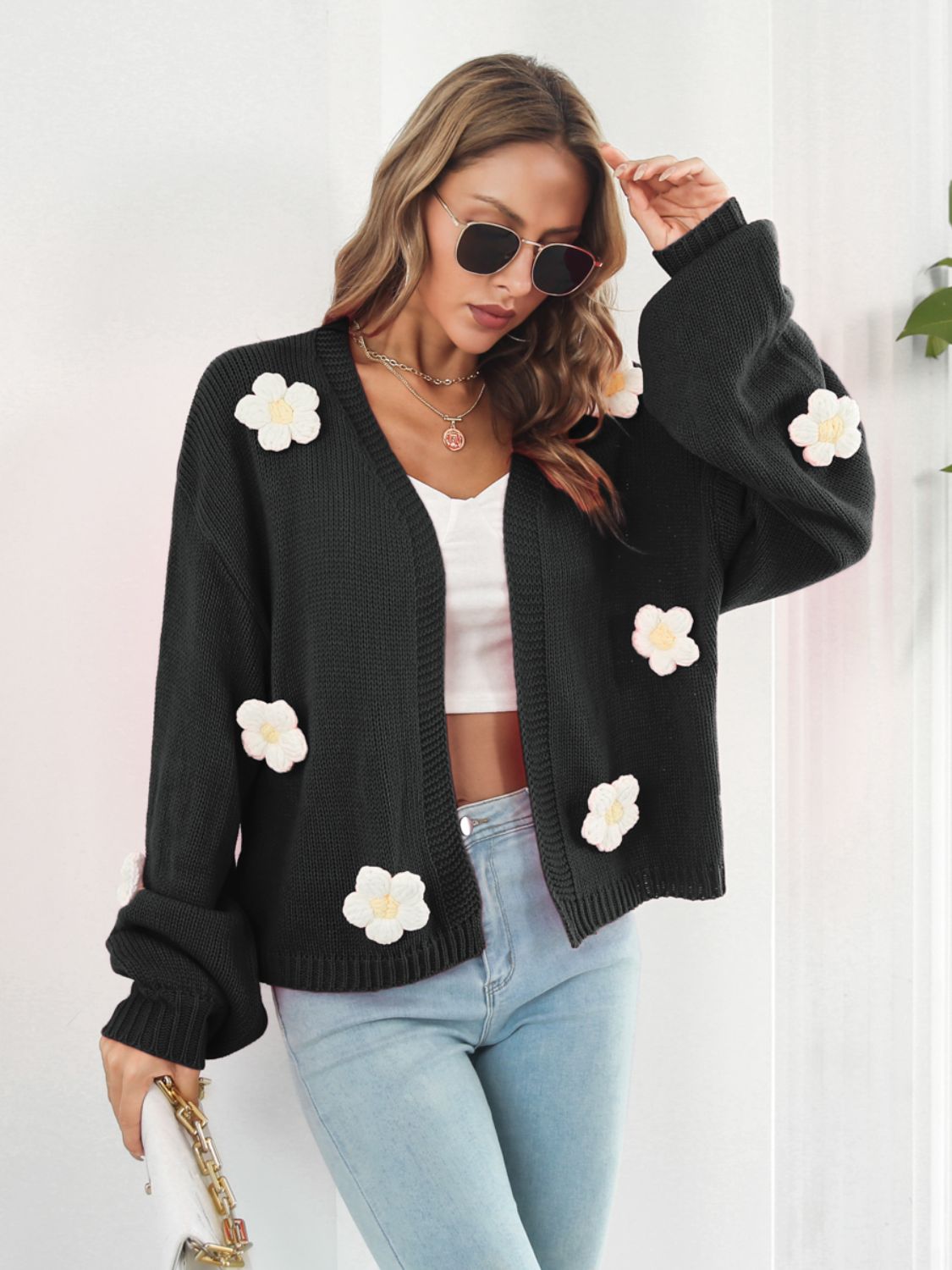 Floral Open Front Long Sleeve Cardigan-Angel Casuals