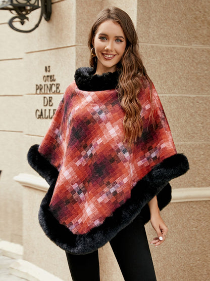 Faux Fur Trim Poncho-Angel Casuals