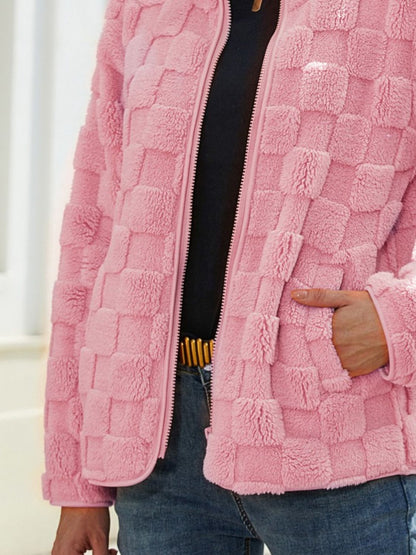Fuzzy Checkered Zip Up Jacket-Angel Casuals
