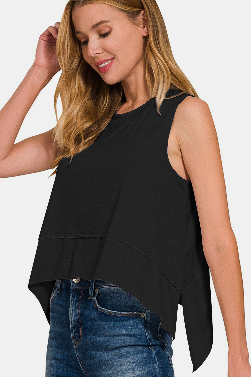 Zenana Exposed Seam Slit Round Neck Tank-Angel Casuals