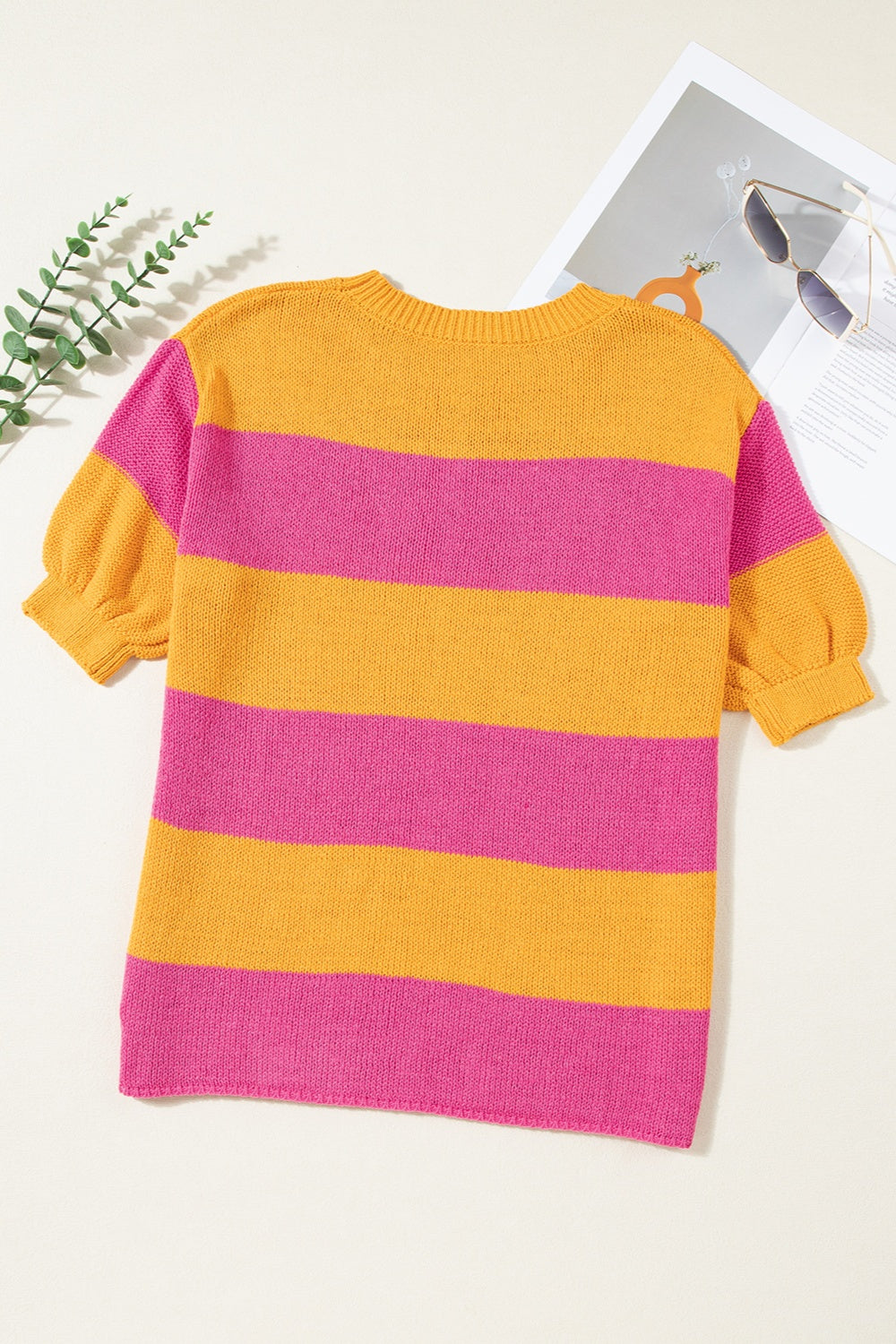 Color Block Round Neck Short Sleeve Knit Top-Angel Casuals