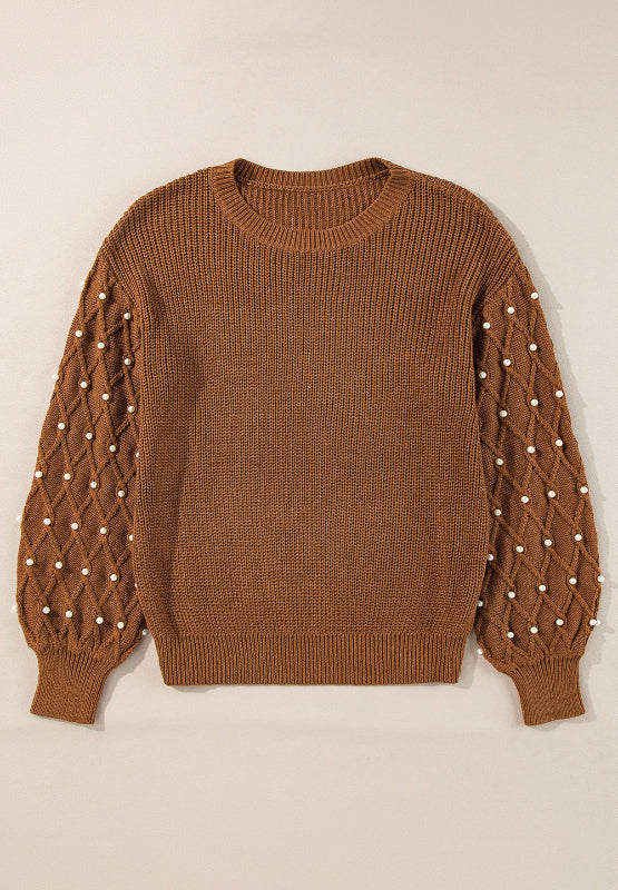 Pearl Detail Round Neck Long Sleeve Sweater-Angel Casuals