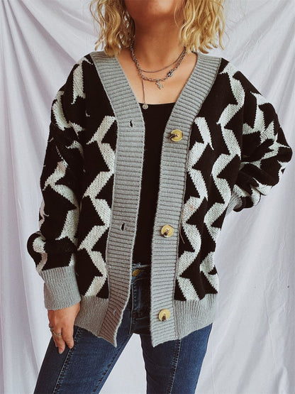 Contrast Trim Geometric V-Neck Long Sleeve Cardigan-Angel Casuals