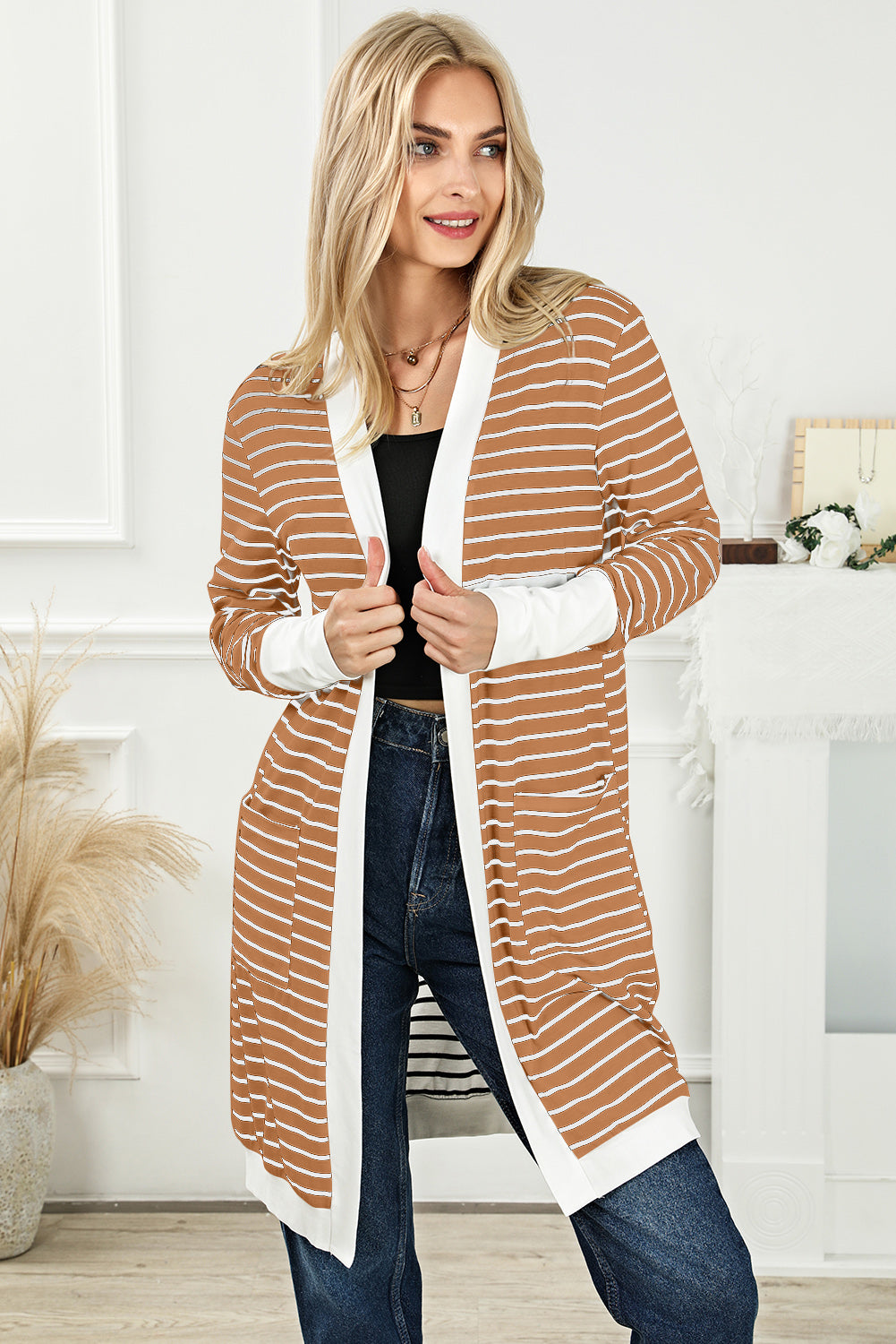 Striped Open Front Longline Cardigan-Angel Casuals