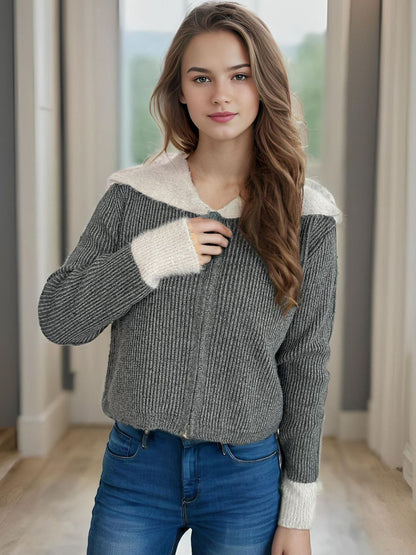 Zip Up Collared Neck Long Sleeve Cardigan-Angel Casuals
