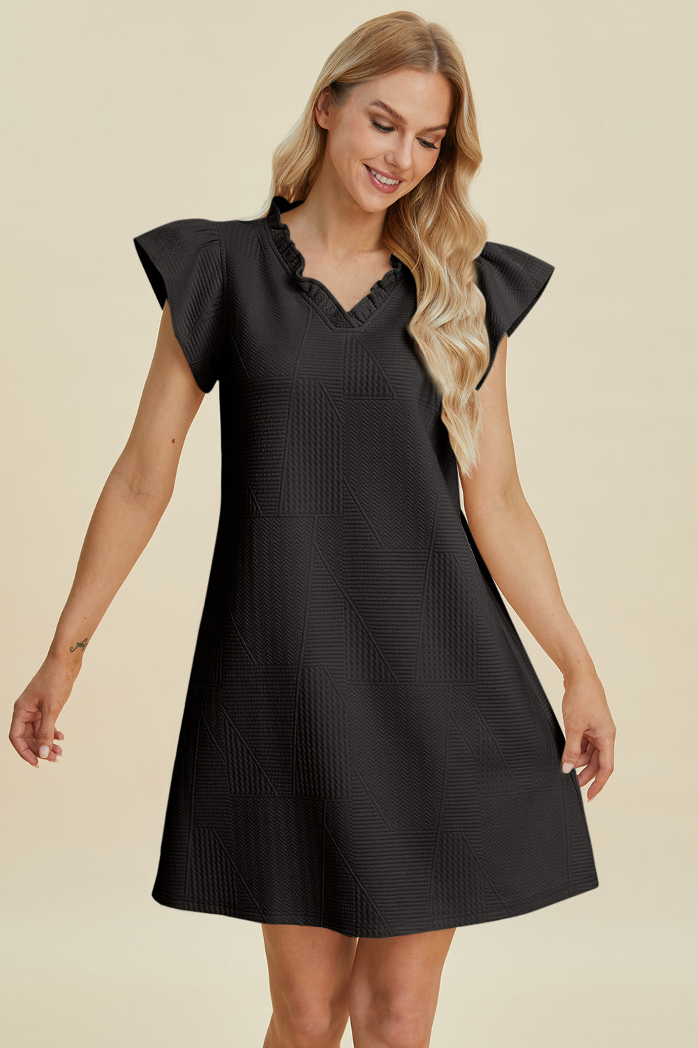 Double Take Full Size Ruffled V-Neck Cap Sleeve Dress-Angel Casuals