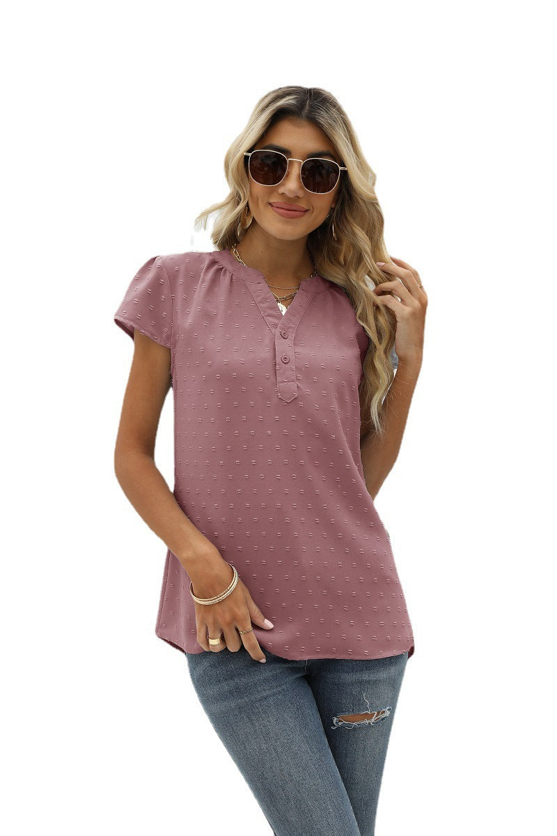 Swiss Dot Notched Neck Short Sleeve Top-Angel Casuals