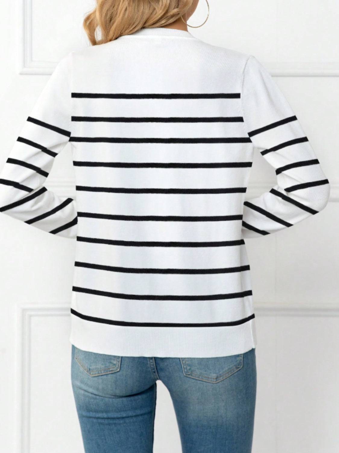 Striped Round Neck Button Up Cardigan-Angel Casuals