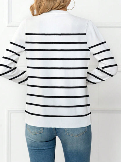 Striped Round Neck Button Up Cardigan-Angel Casuals