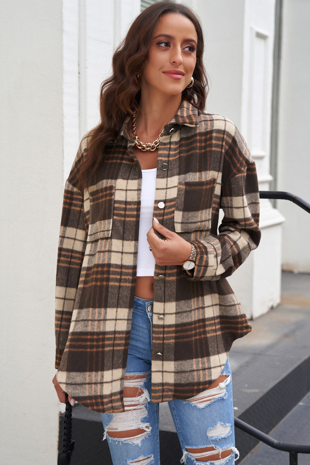 Plaid Curved Hem Dropped Shoulder Longline Shirt Jacket-Angel Casuals