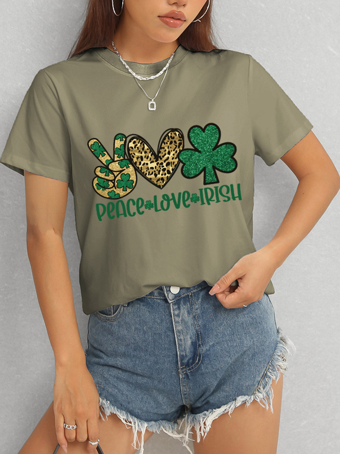 PEACE LOVE IRISH Round Neck Short Sleeve T-Shirt-Angel Casuals