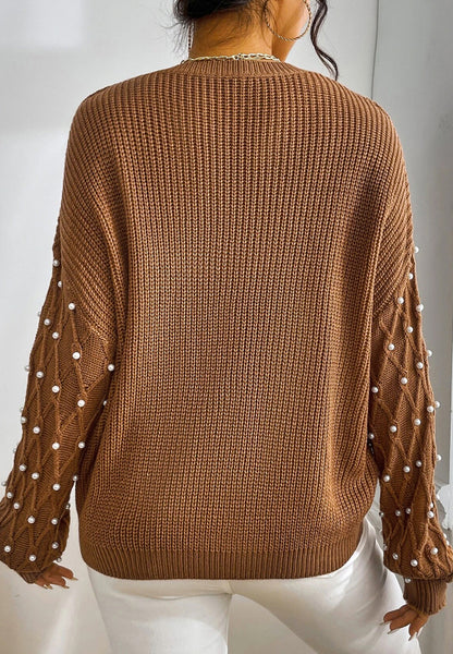 Pearl Detail Round Neck Long Sleeve Sweater-Angel Casuals