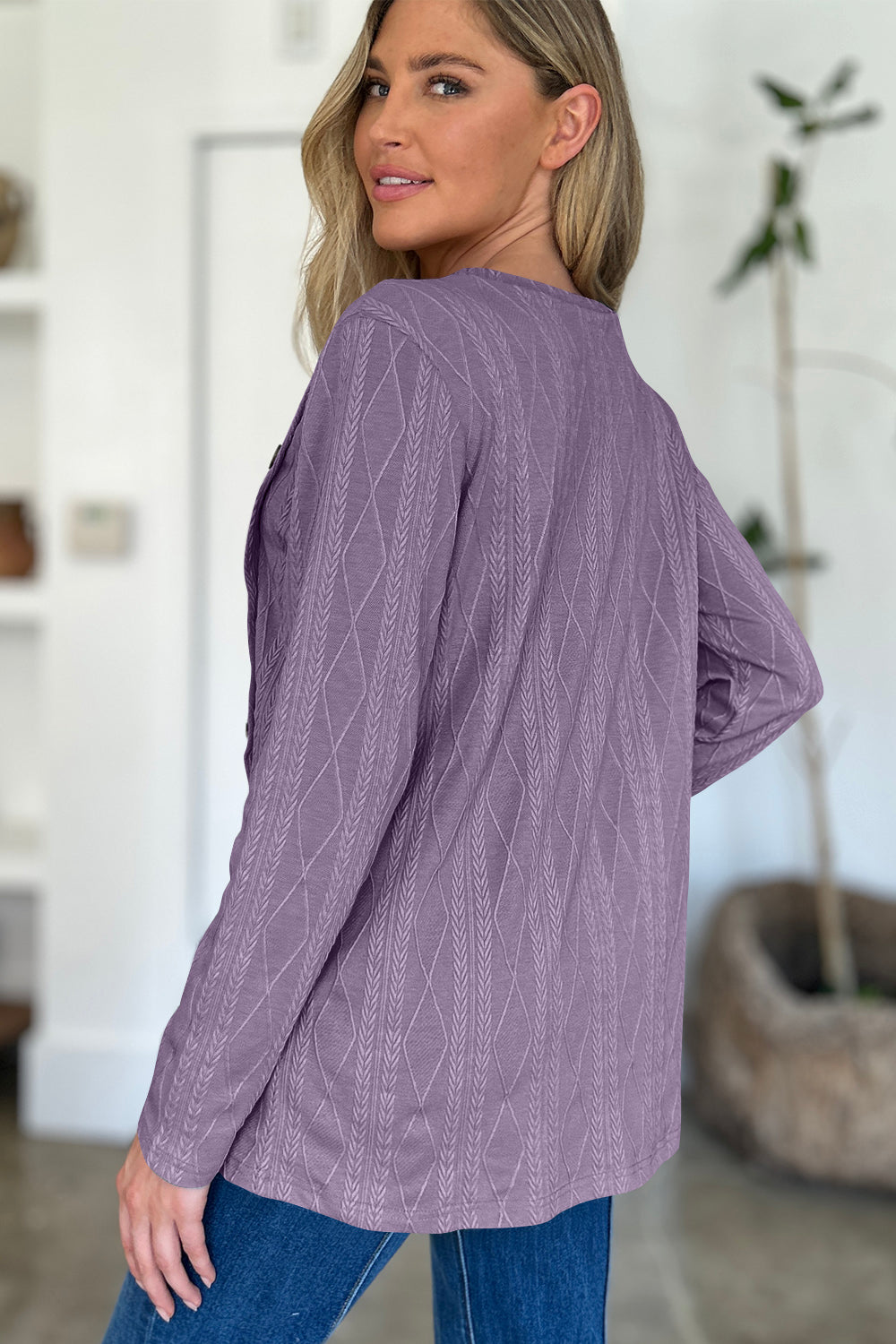 FAM-FAM Slit Round Neck Long Sleeve T-Shirt-Angel Casuals