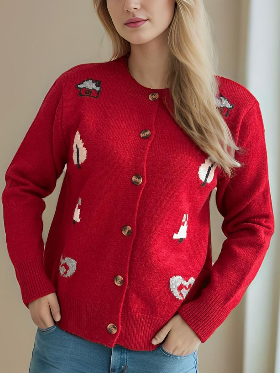 Button Up Round Neck Long Sleeve Cardigan-Angel Casuals