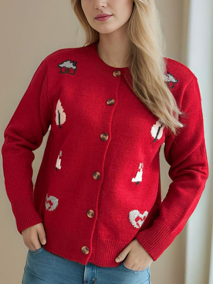 Button Up Round Neck Long Sleeve Cardigan-Angel Casuals