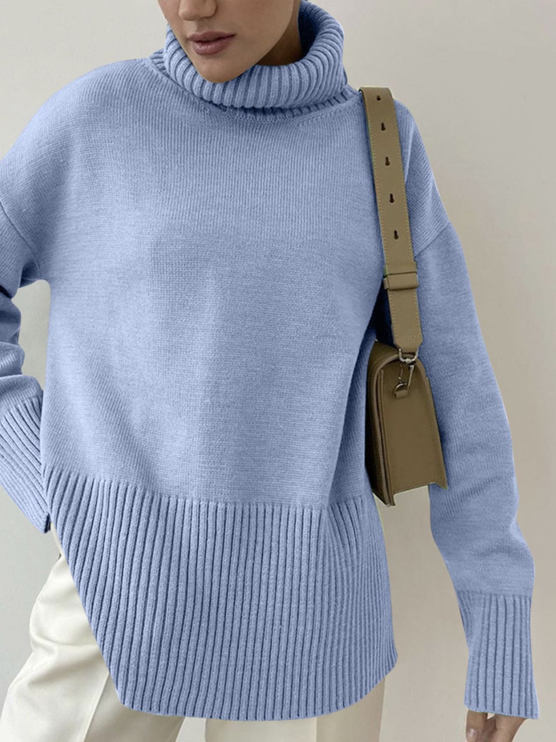 Side Slit Turtleneck Drop Shoulder Sweater-Angel Casuals