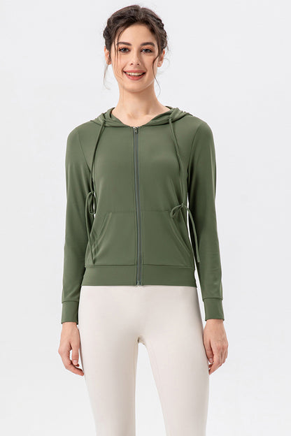 Drawstring Zip Up Hooded Active Outerwear-Angel Casuals