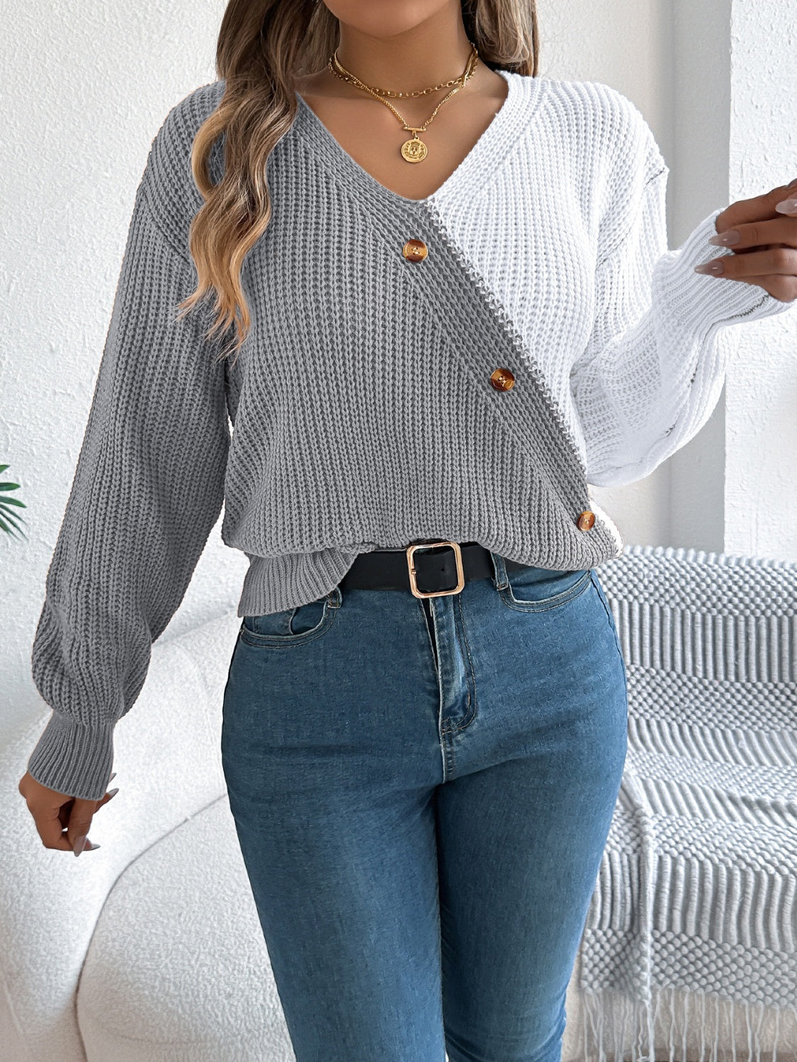 Two-Tone V-Neck Long Sleeve Sweater-Angel Casuals