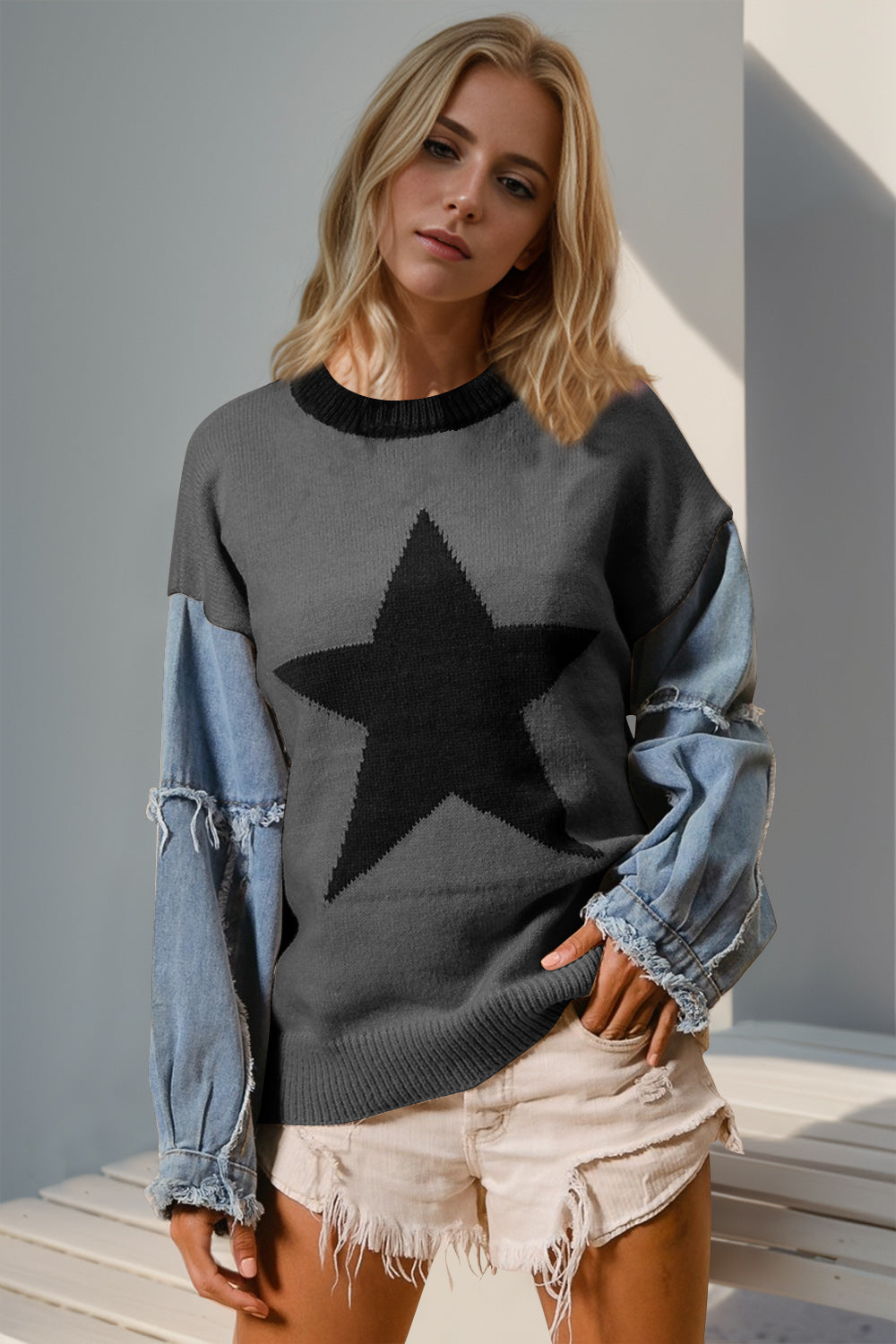 Double Take Full Size Star Pattern Raw Edge Long Sleeve Sweater-Angel Casuals