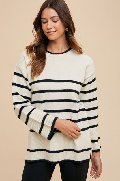 Annie Wear Side Slit Striped Round Neck Sweater-Angel Casuals