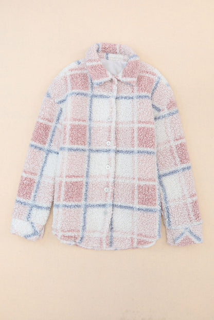 Plaid Button Up Collared Neck Sherpa Jacket-Angel Casuals