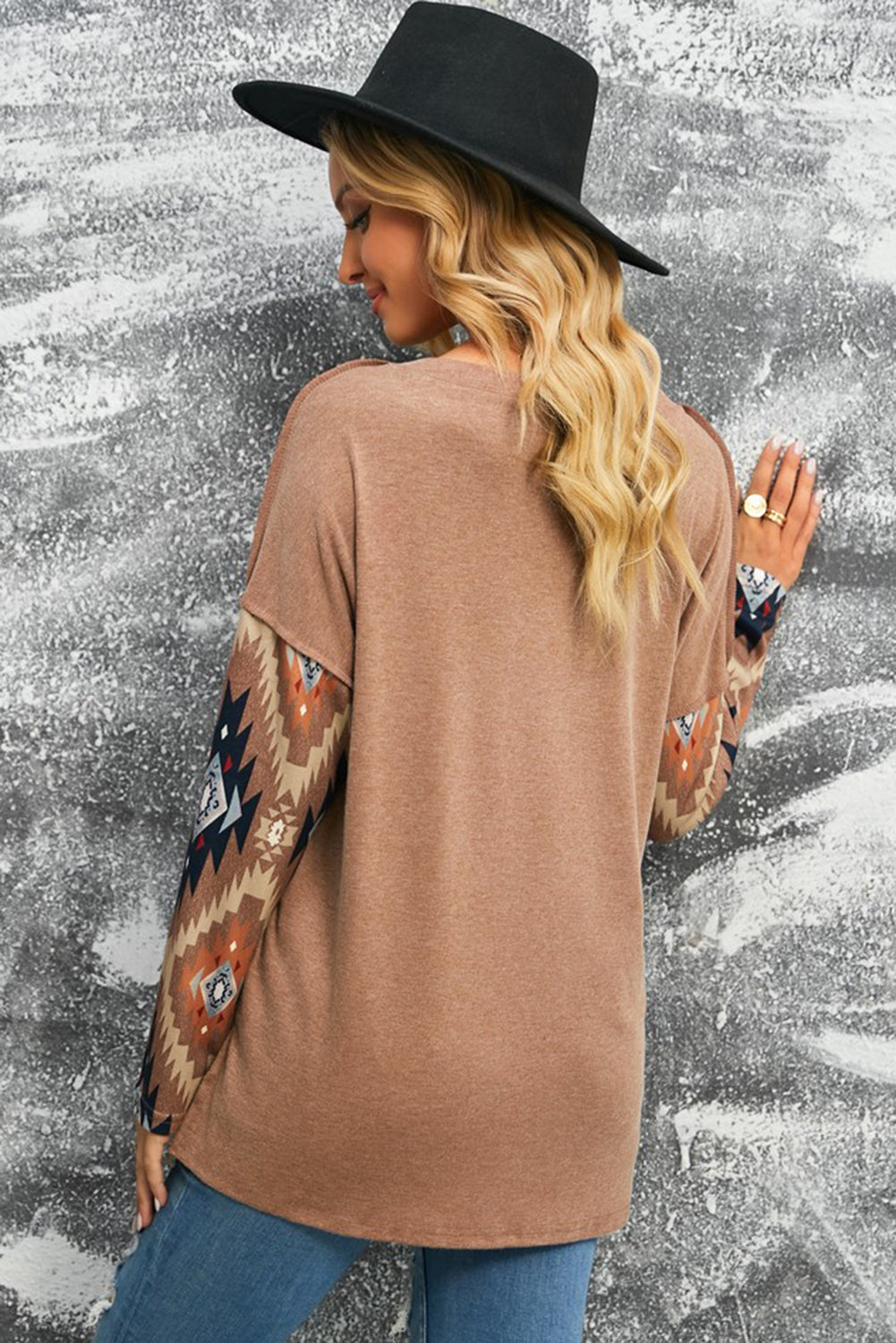 Brown Western Print Buttoned V Neck Top-Angel Casuals