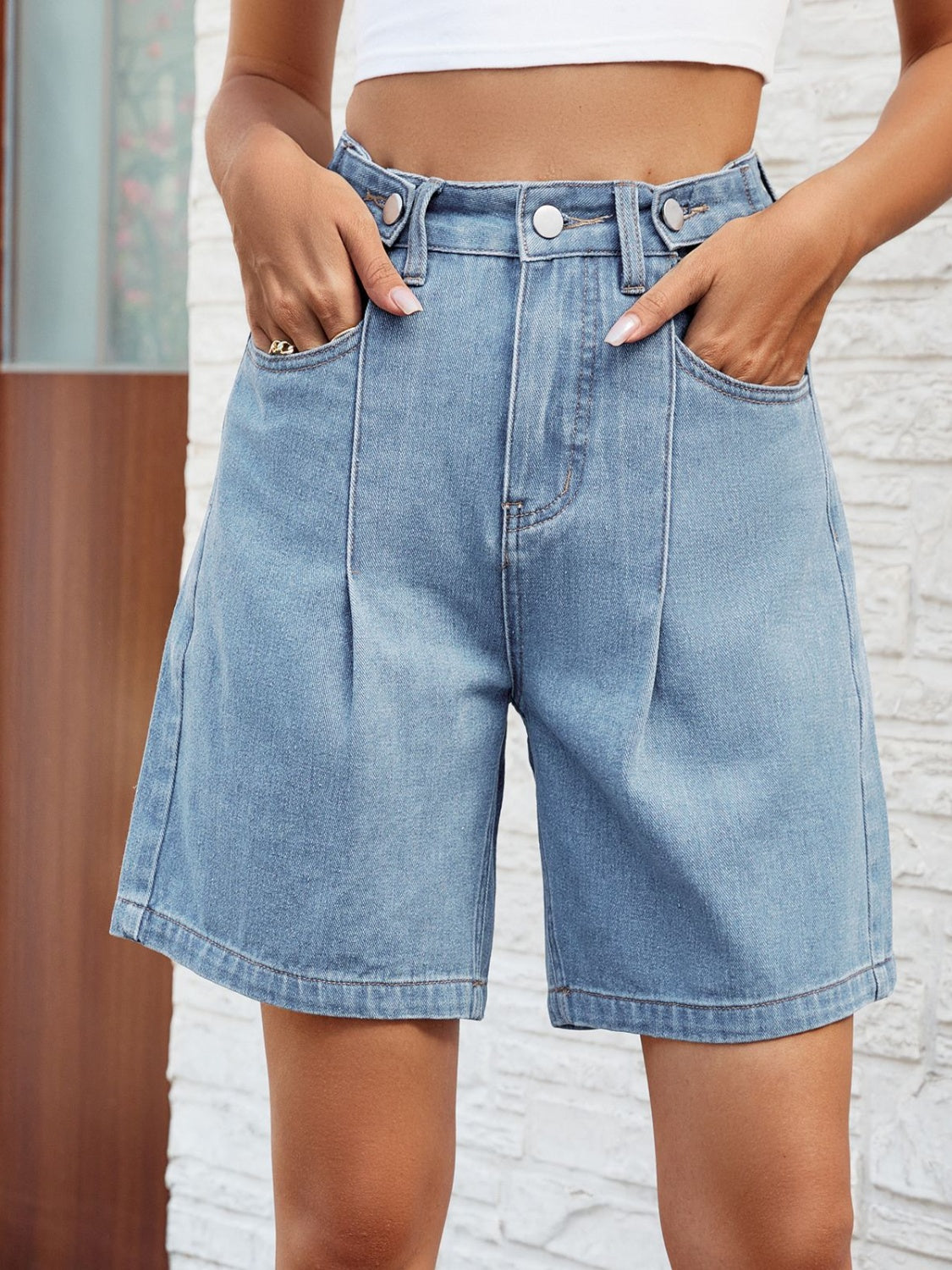 High Waist Denim Shorts with Pockets-Angel Casuals