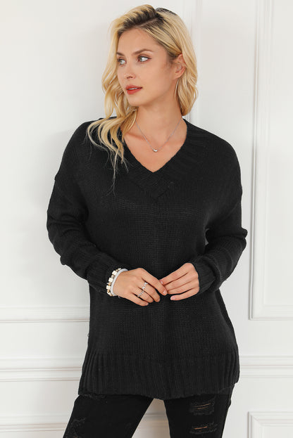 V-Neck Dropped Shoulder Sweater-Angel Casuals