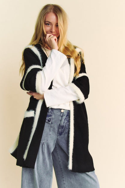 Davi & Dani Fuzzy Trim Open Front Loose Fit Cardigan-Angel Casuals