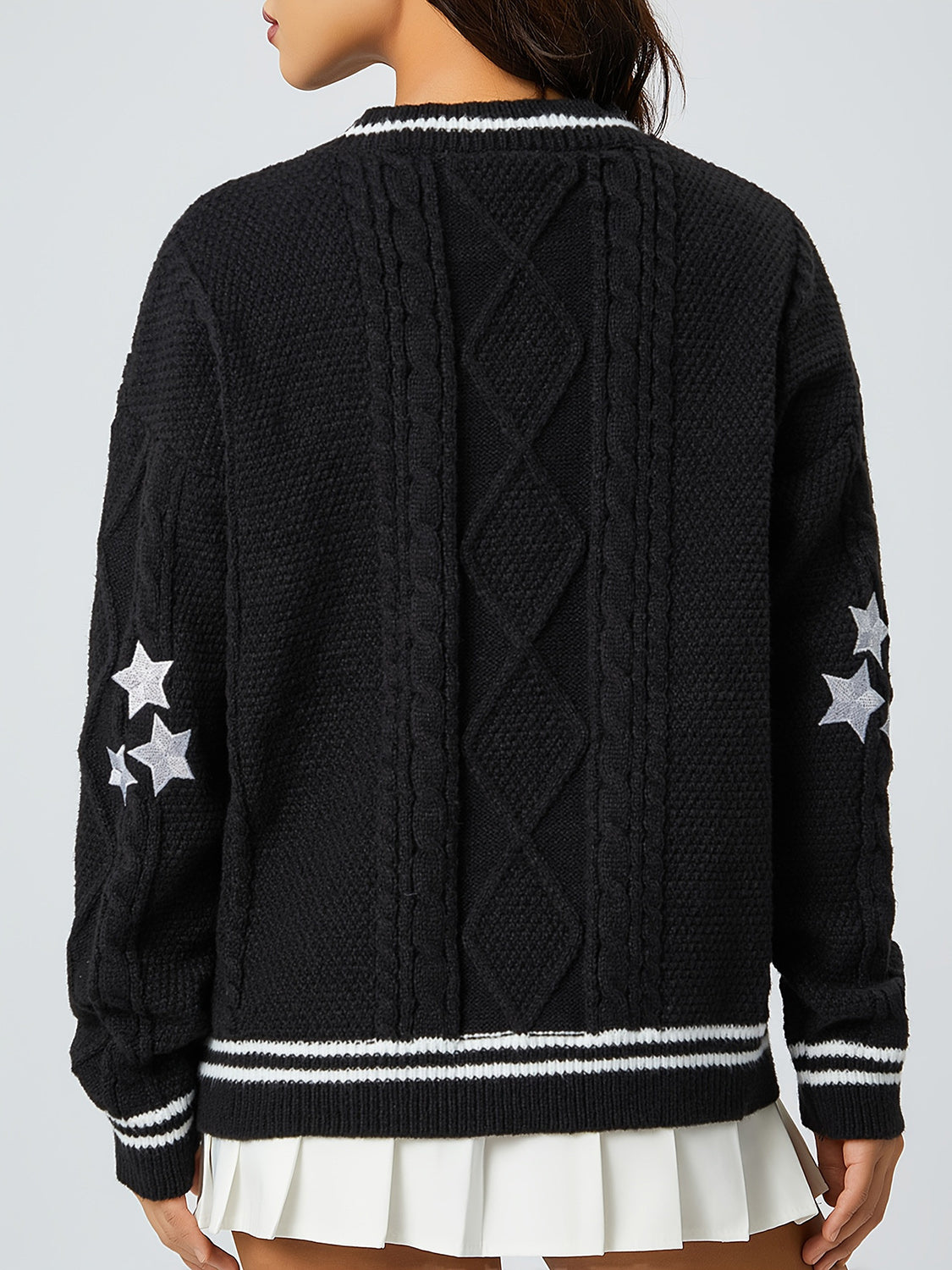 Star Embroidered V-Neck Long Sleeve Cardigan-Angel Casuals