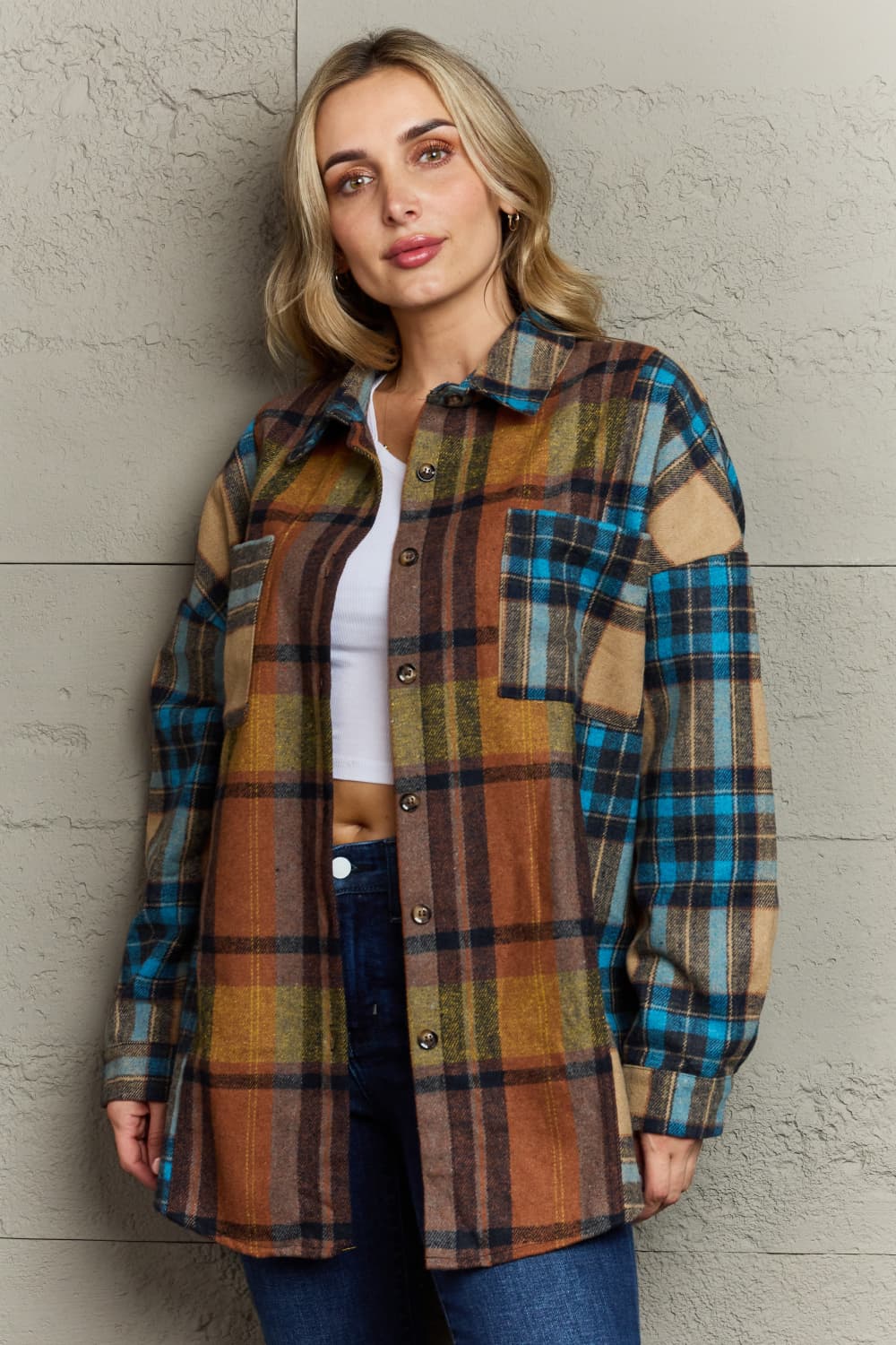 Double Take Plaid Curved Hem Shirt Jacket with Breast Pockets-Angel Casuals