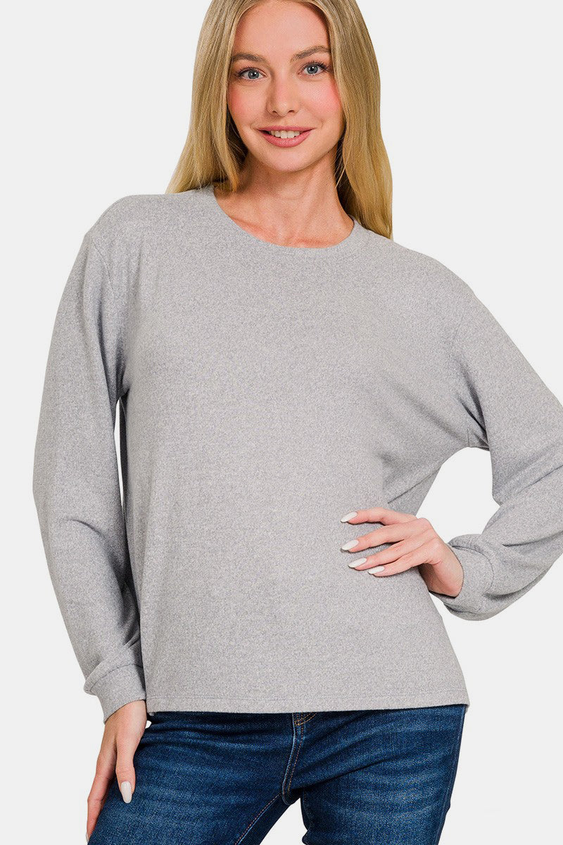 Zenana Hacci Round Neck Long Sleeve T-Shirt-Angel Casuals