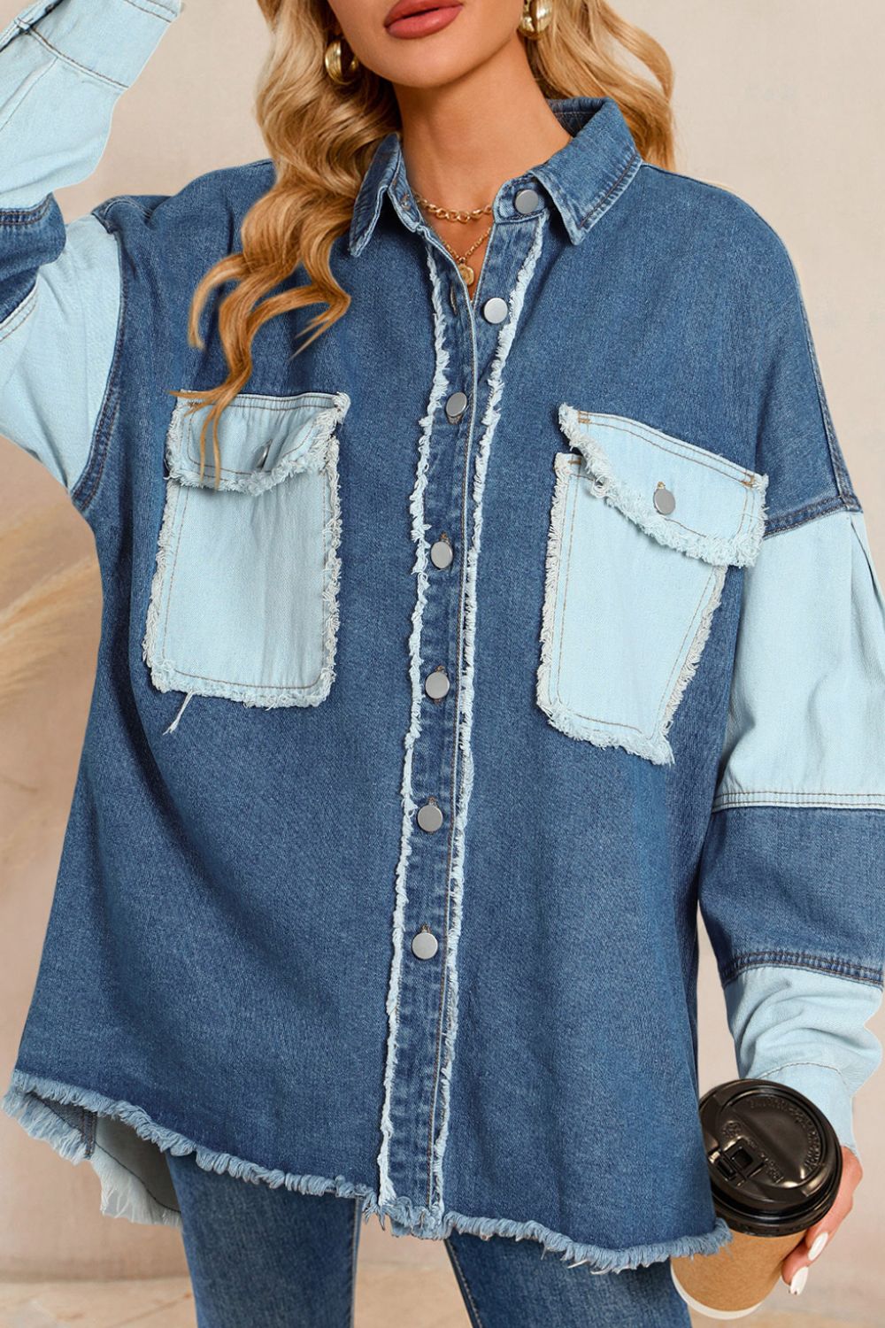 Raw Hem Color Block Denim Jacket-Angel Casuals