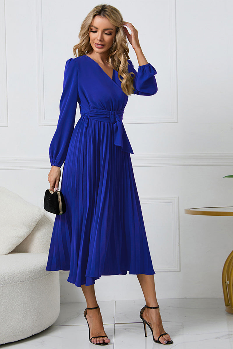 V-Neck Long Sleeve Tie Waist Midi Dress-Angel Casuals