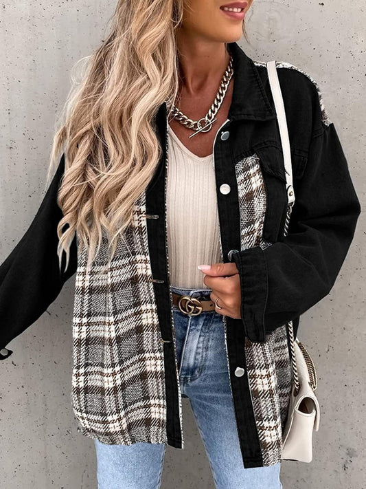 Plaid Button Up Dropped Shoulder Jacket-Angel Casuals